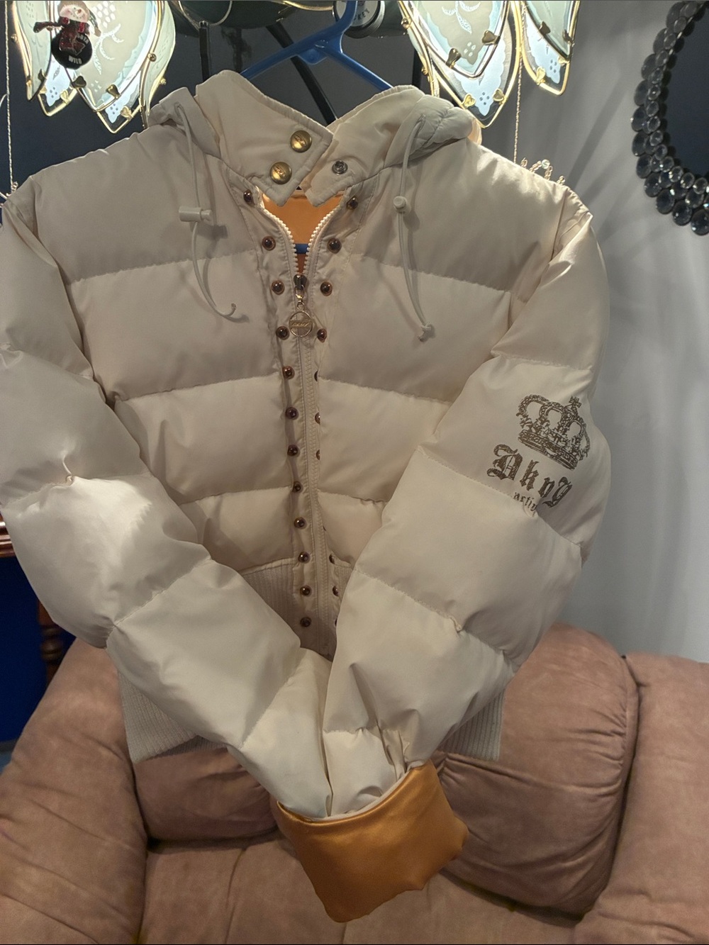 DKNY Cream Quilted Puffer Jacket with Hood